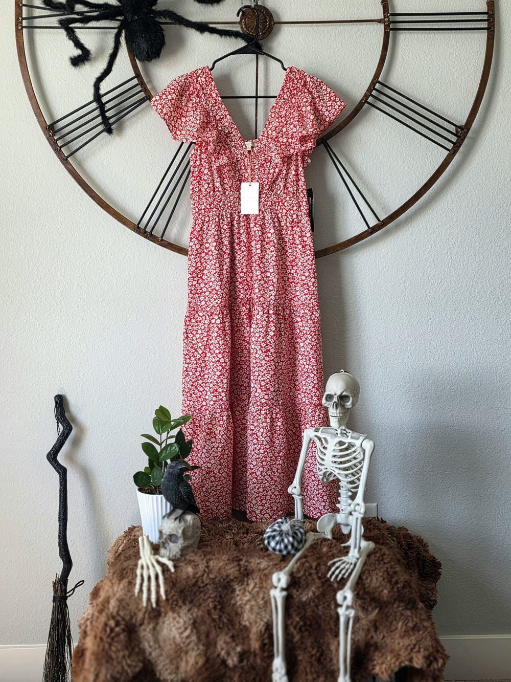 Skies Are Blue Red Floral Maxi Dress with Ruffle V-Neckline